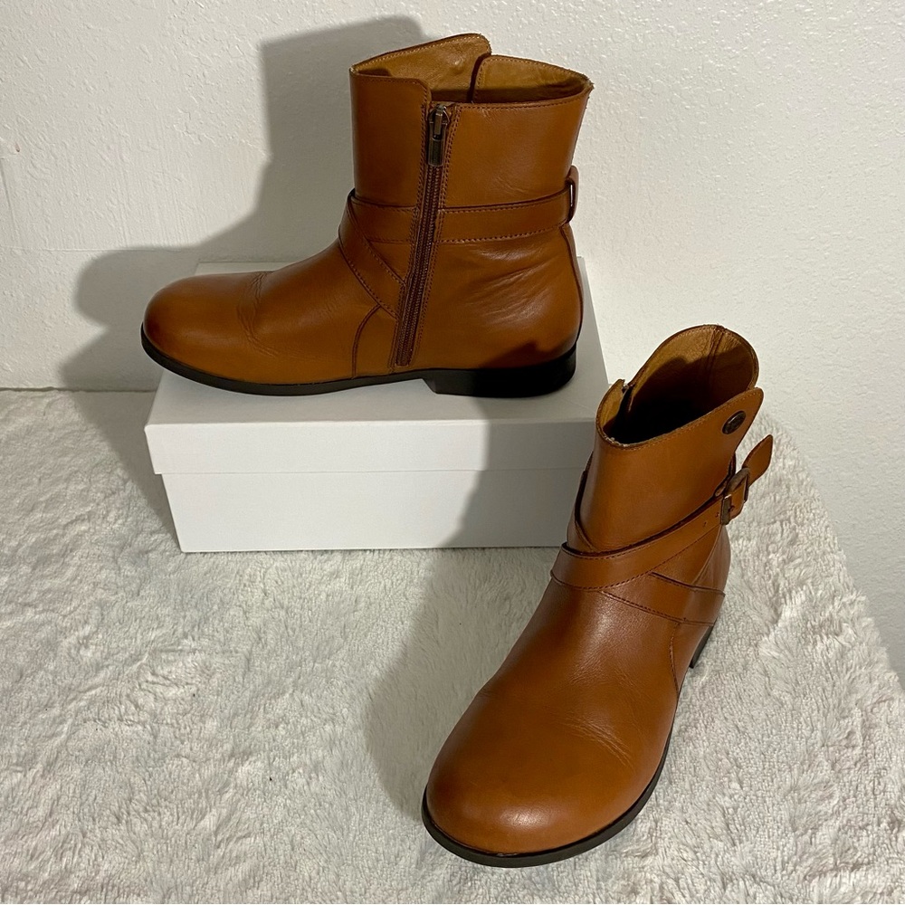 Birkenstock Collins Leather Moto Boots Size 39 EU Camel Brown Equestrian Strap